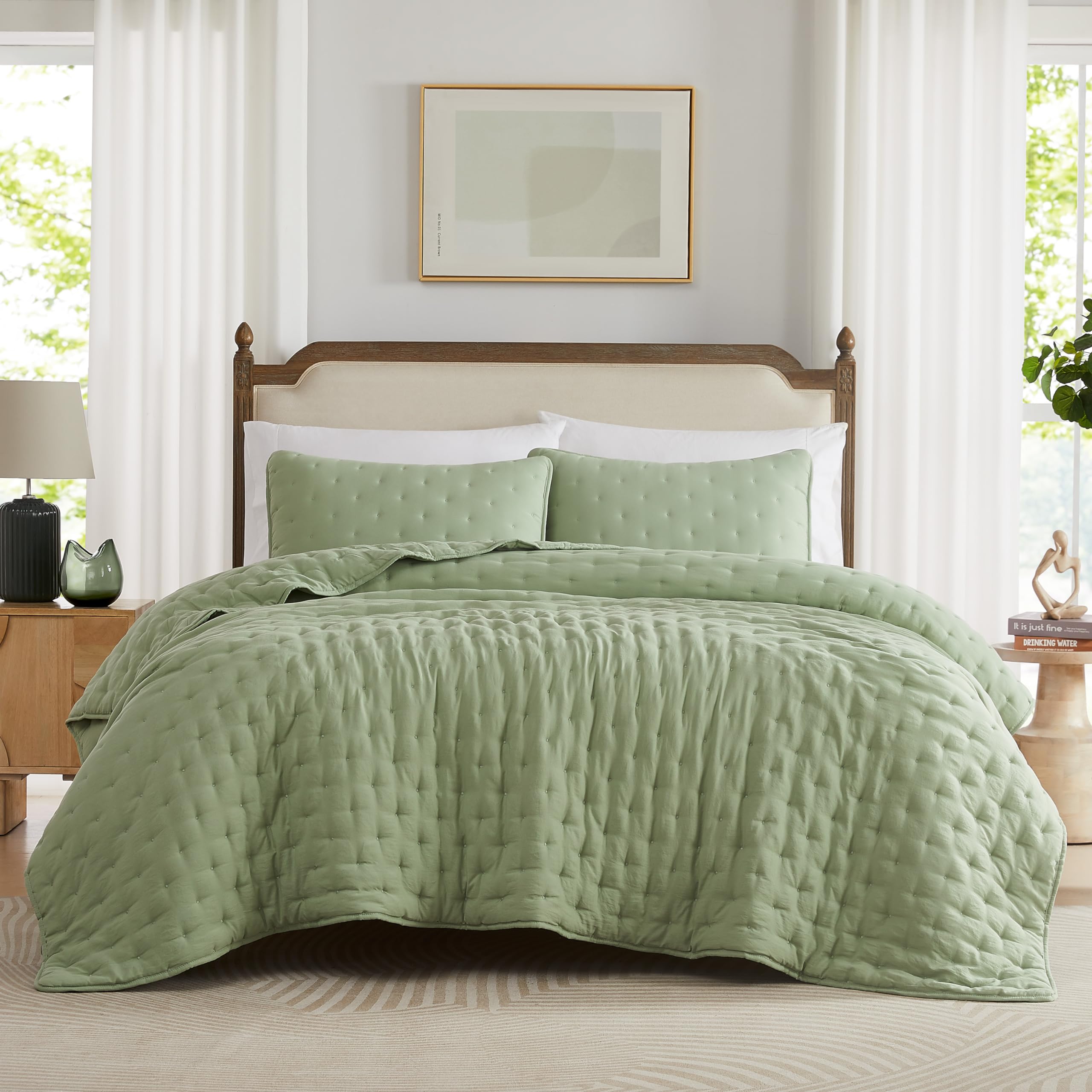 Wdcozy Sage Green Cloud California Cal King Size Quilt Bedding Sets With Pillow Shams, Oversized Seafoam Puffy Cozy Lightweight
